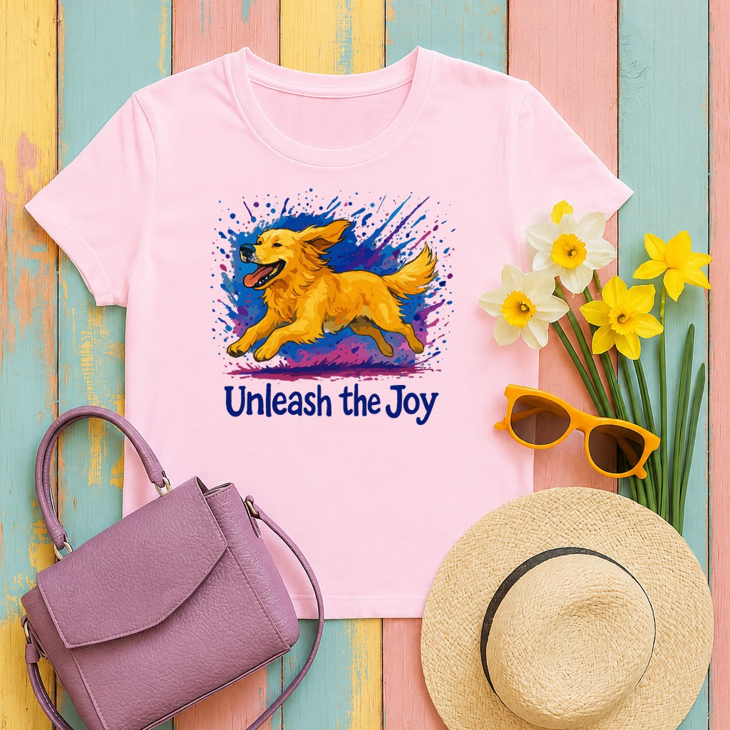 Vibrant Golden Retriever Joy T-Shirt in Light Pink