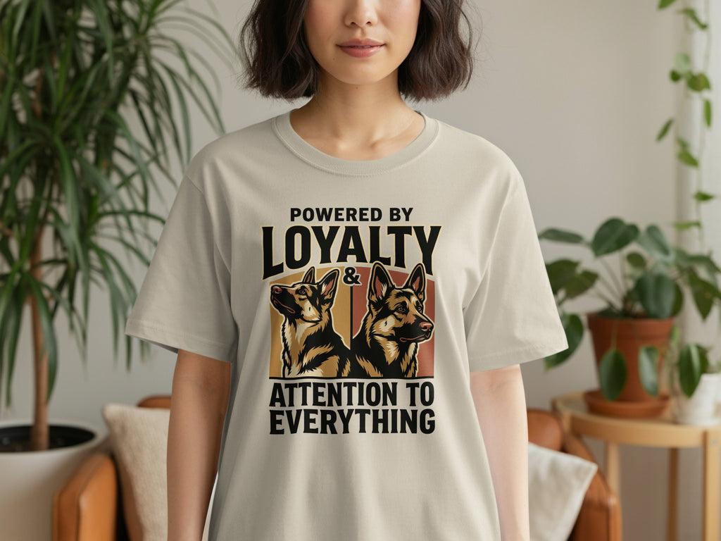 German Shepherd t-shirt with "Loyalty & Attention" text and dog illustrations.