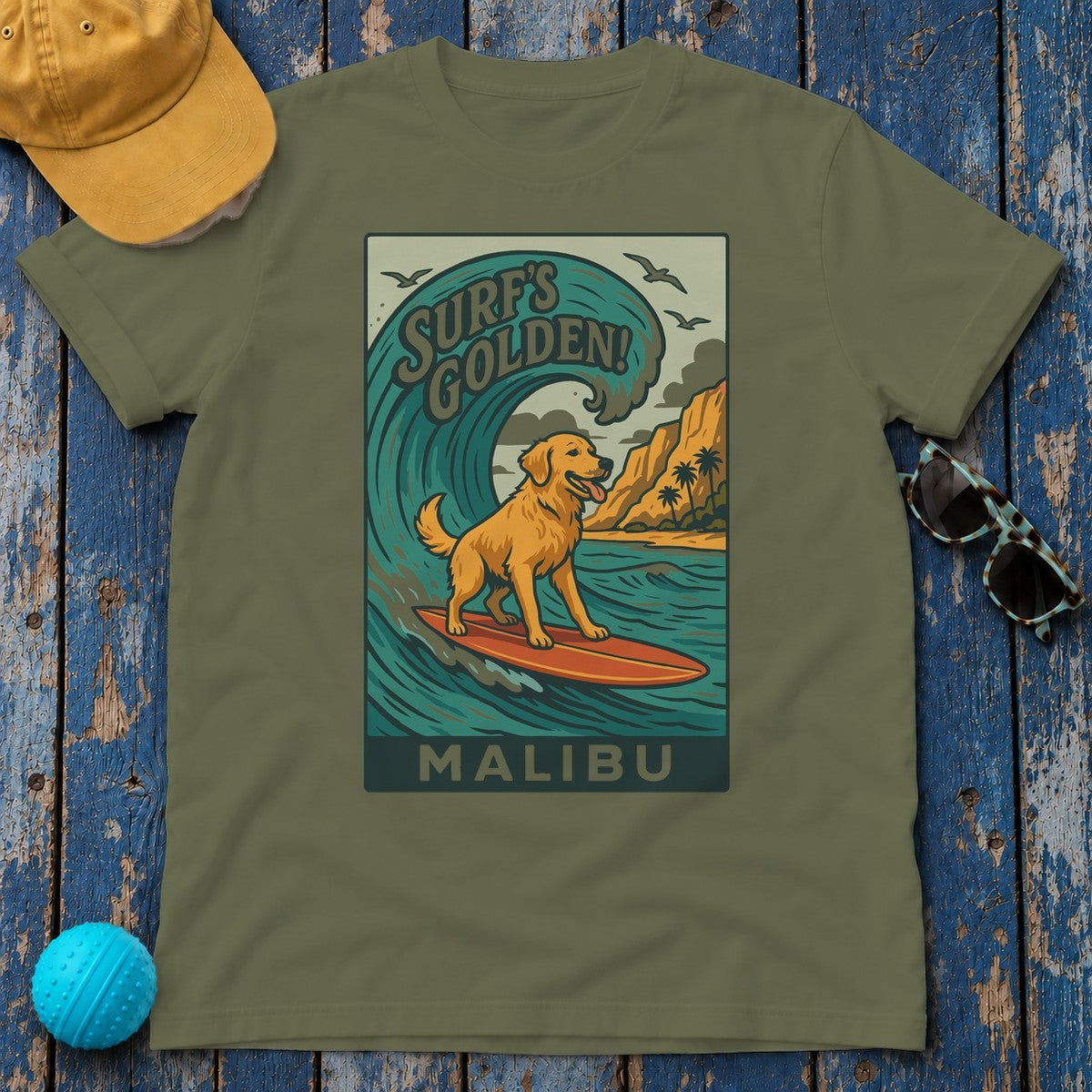 Surf's Golden Malibu Surfing Golden Retriever Dog T-Shirt in Military Green