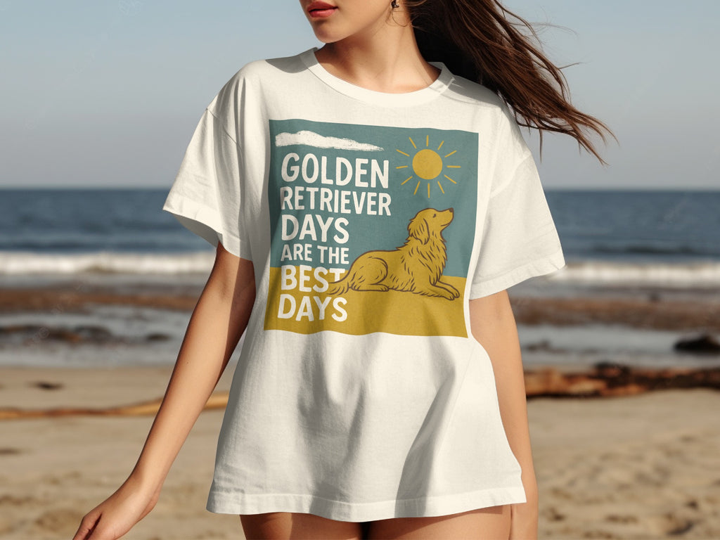 White t-shirt with "Golden Retriever Days are the Best Days" text and dog graphic