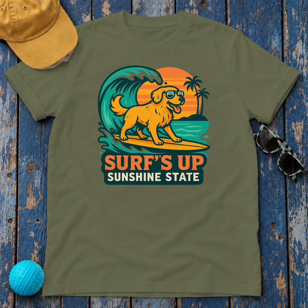 Surf's Up Sunshine State Golden Retriever Surfing T-Shirt in Military Green