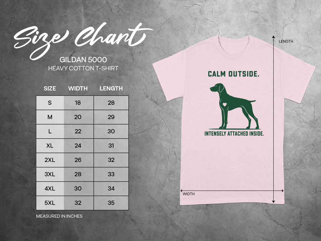 Gildan 5000 size chart with dog graphic and text "Calm Outside."