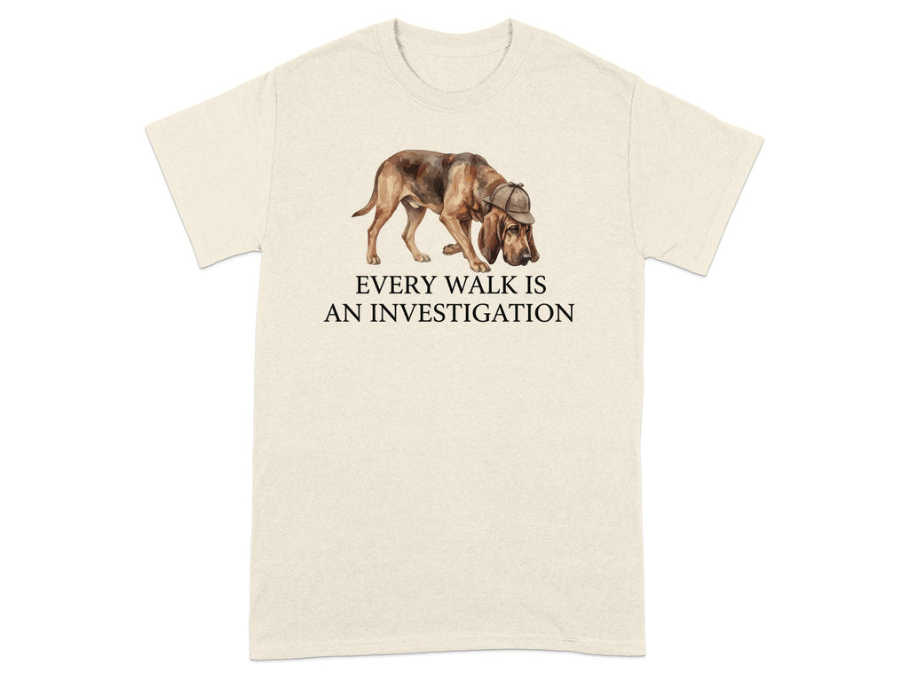 Cream t-shirt with a bloodhound wearing a deerstalker hat and text.