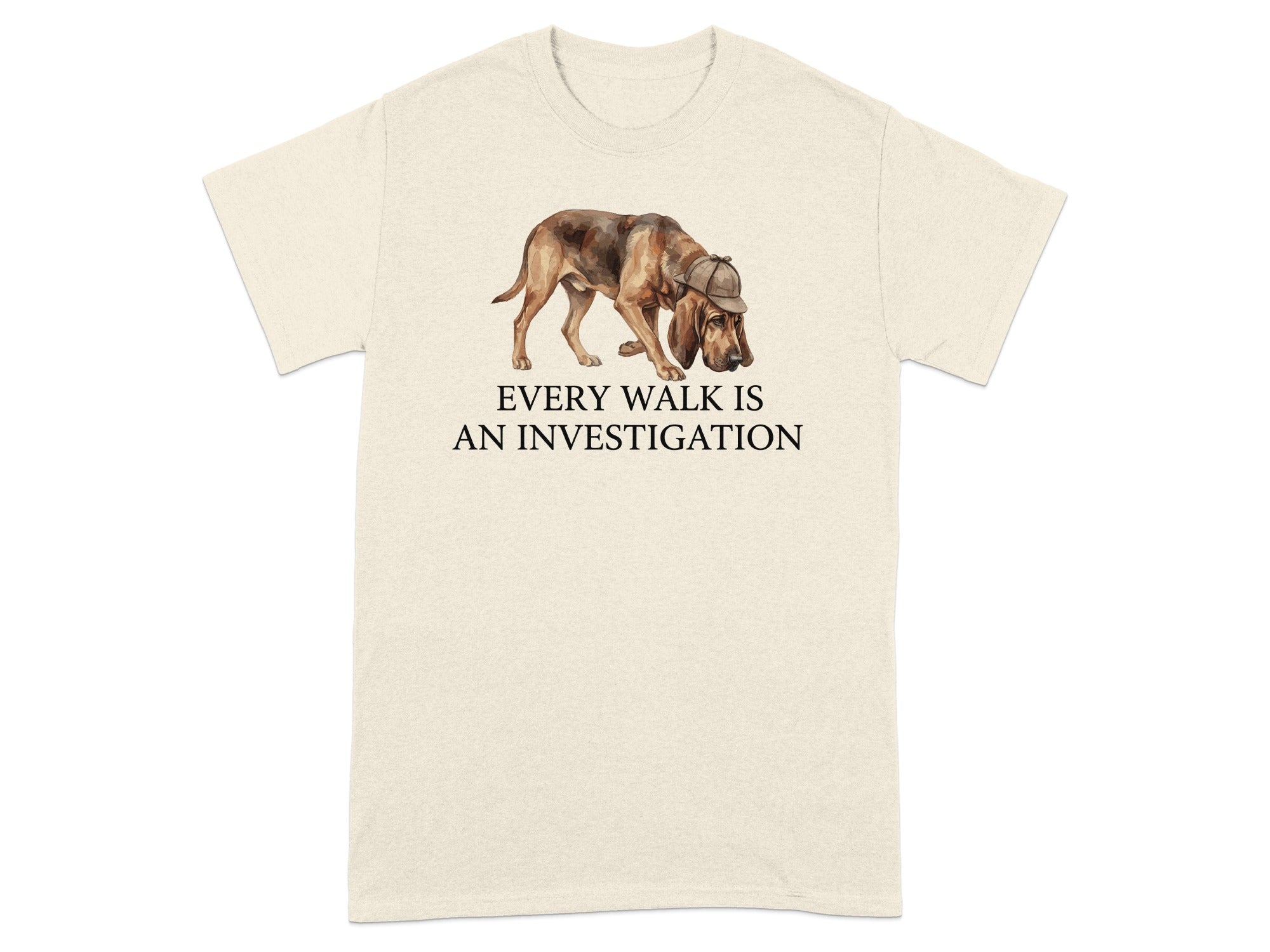 Cream t-shirt with a bloodhound wearing a deerstalker hat and text.