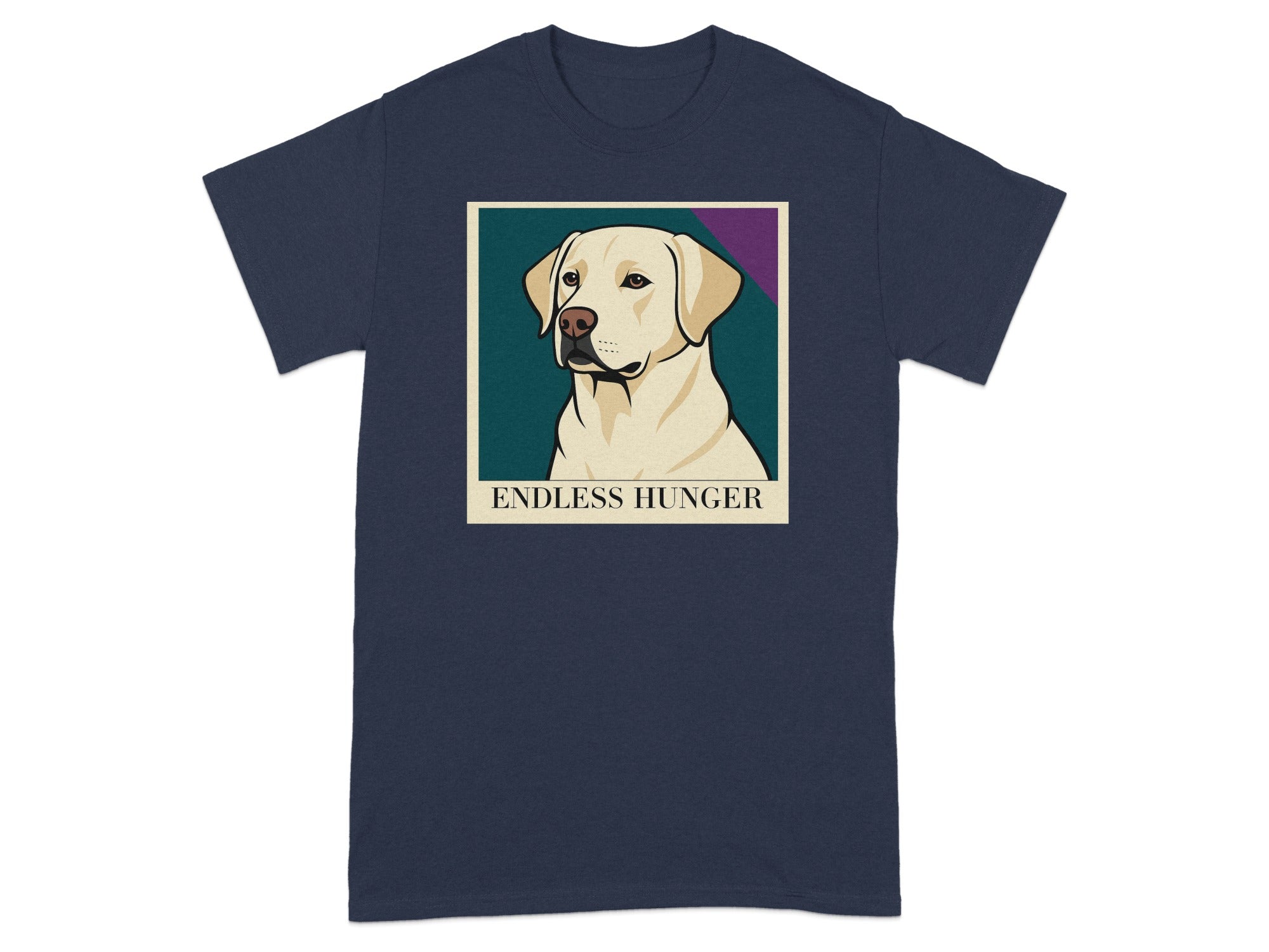 Navy t-shirt with a framed illustration of a yellow Labrador and the text "ENDLESS HUNGER".