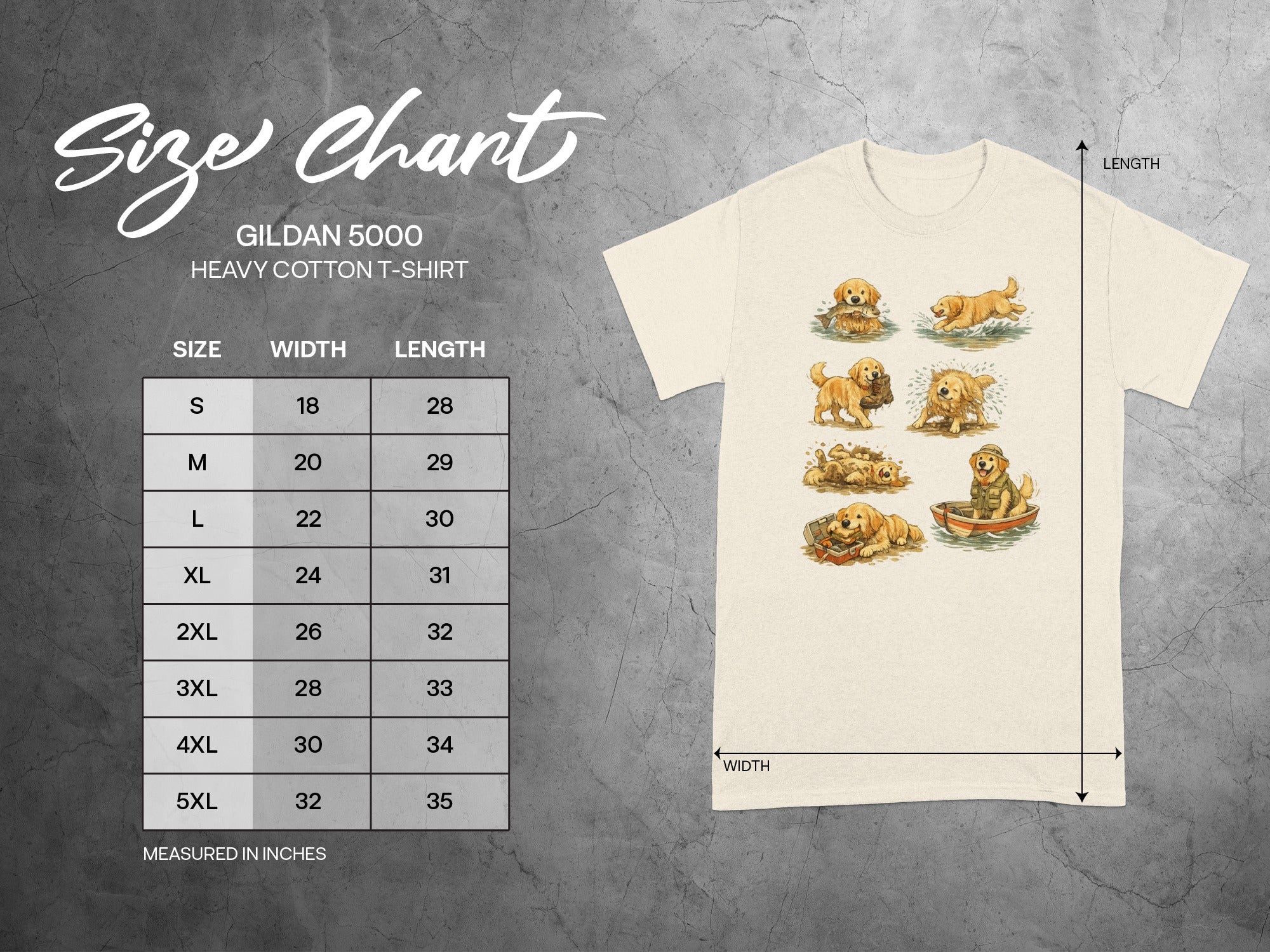 Gildan 5000 heavy cotton t-shirt size chart with width and length measurements in inches.