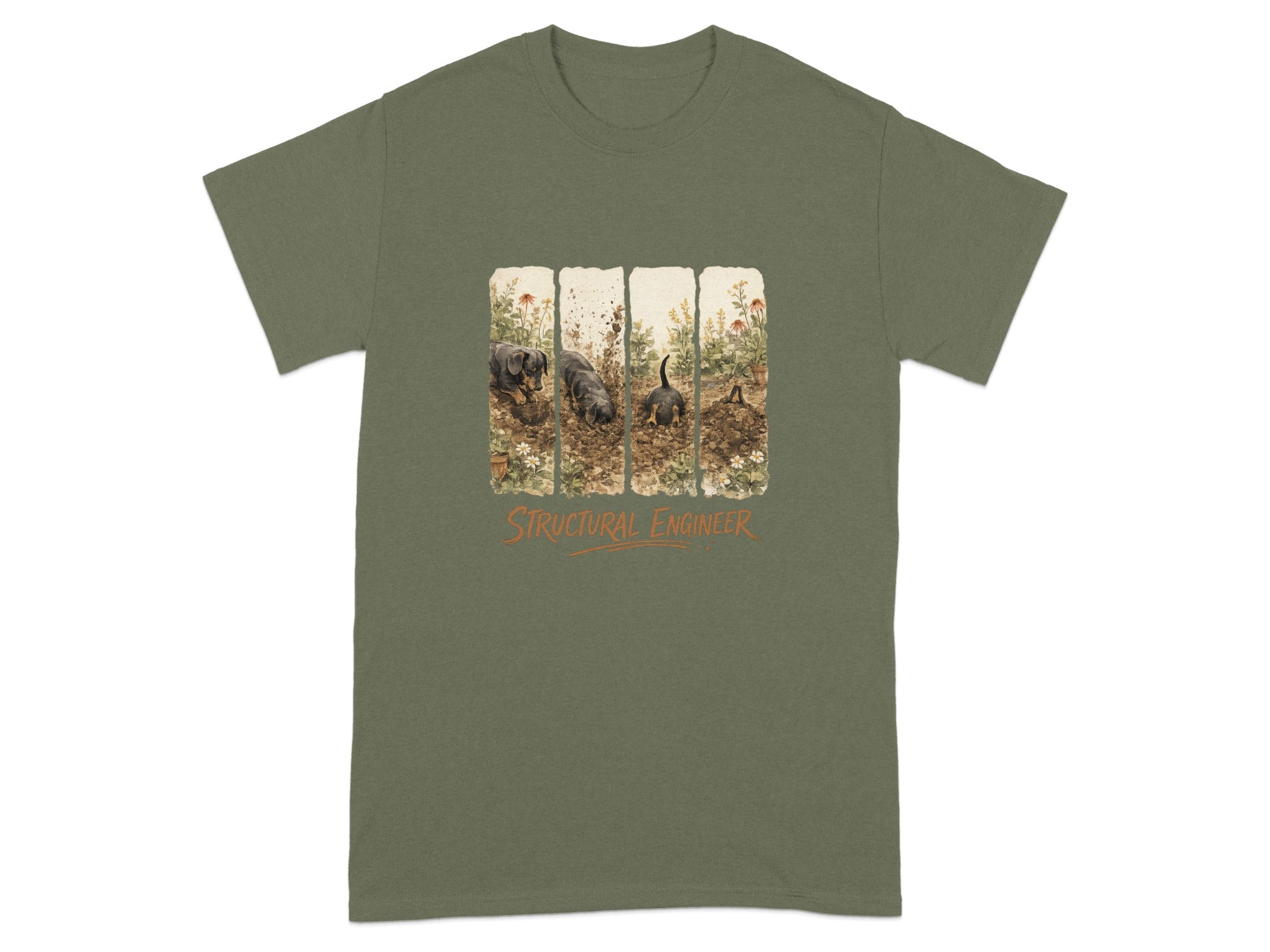 T-shirt with dachshunds digging in soil, text "STRUCTURAL ENGINEER".