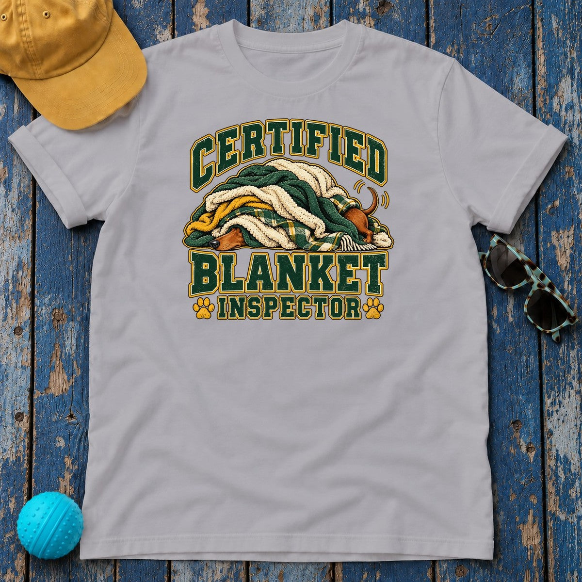 Certified Blanket Inspector Dachshund T-Shirt in Athletic Heather - flat lay