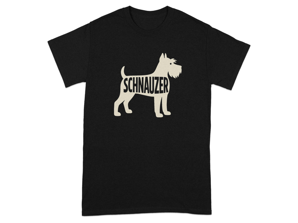Black t-shirt with a stencil-style Schnauzer dog and the word "Schnauzer" as its body.