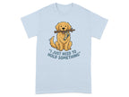 Golden retriever dog wearing a sock holding a stick.