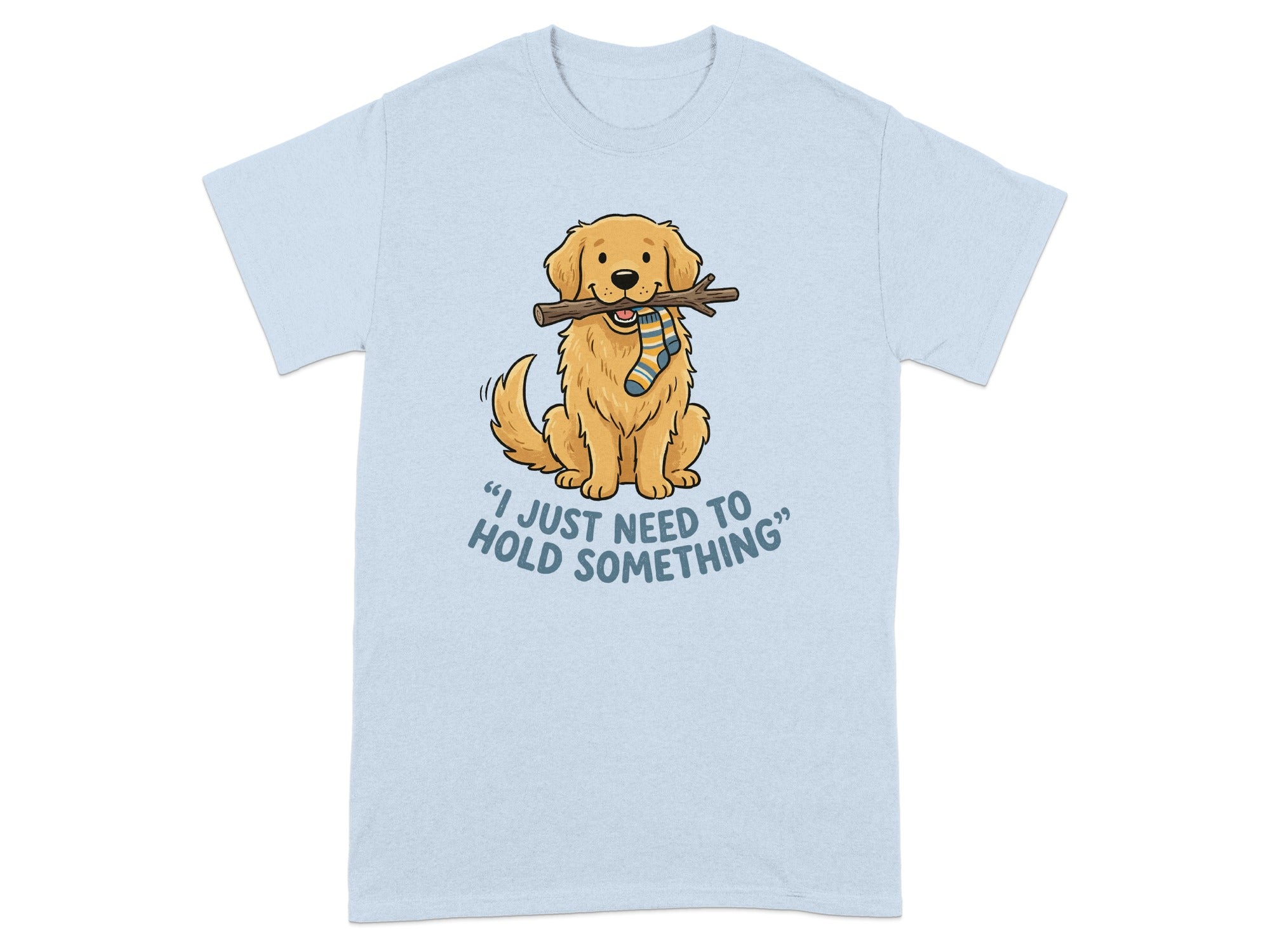 Golden retriever dog wearing a sock holding a stick.