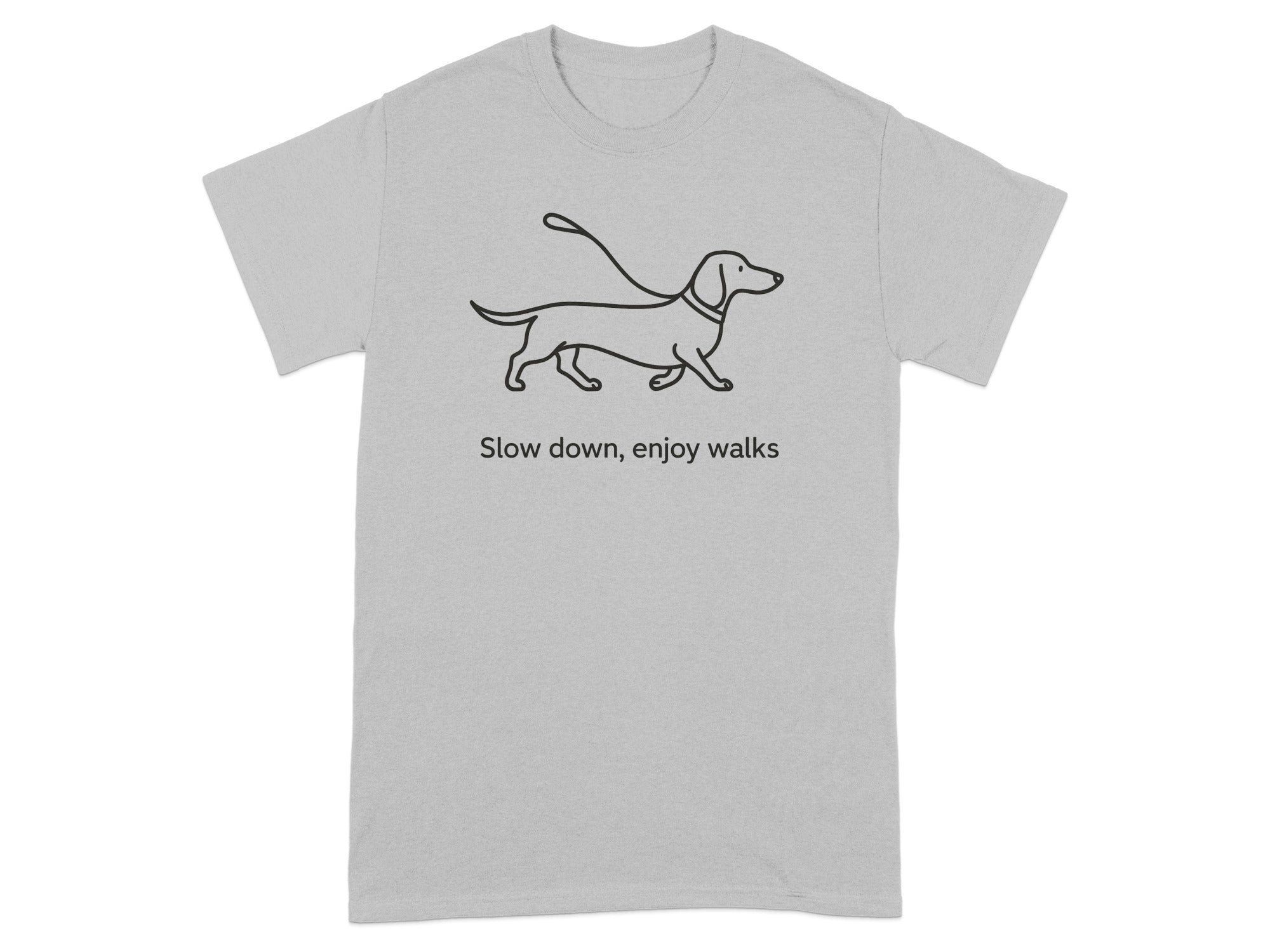 Light grey t-shirt with a black outline of a dachshund on a leash and text.