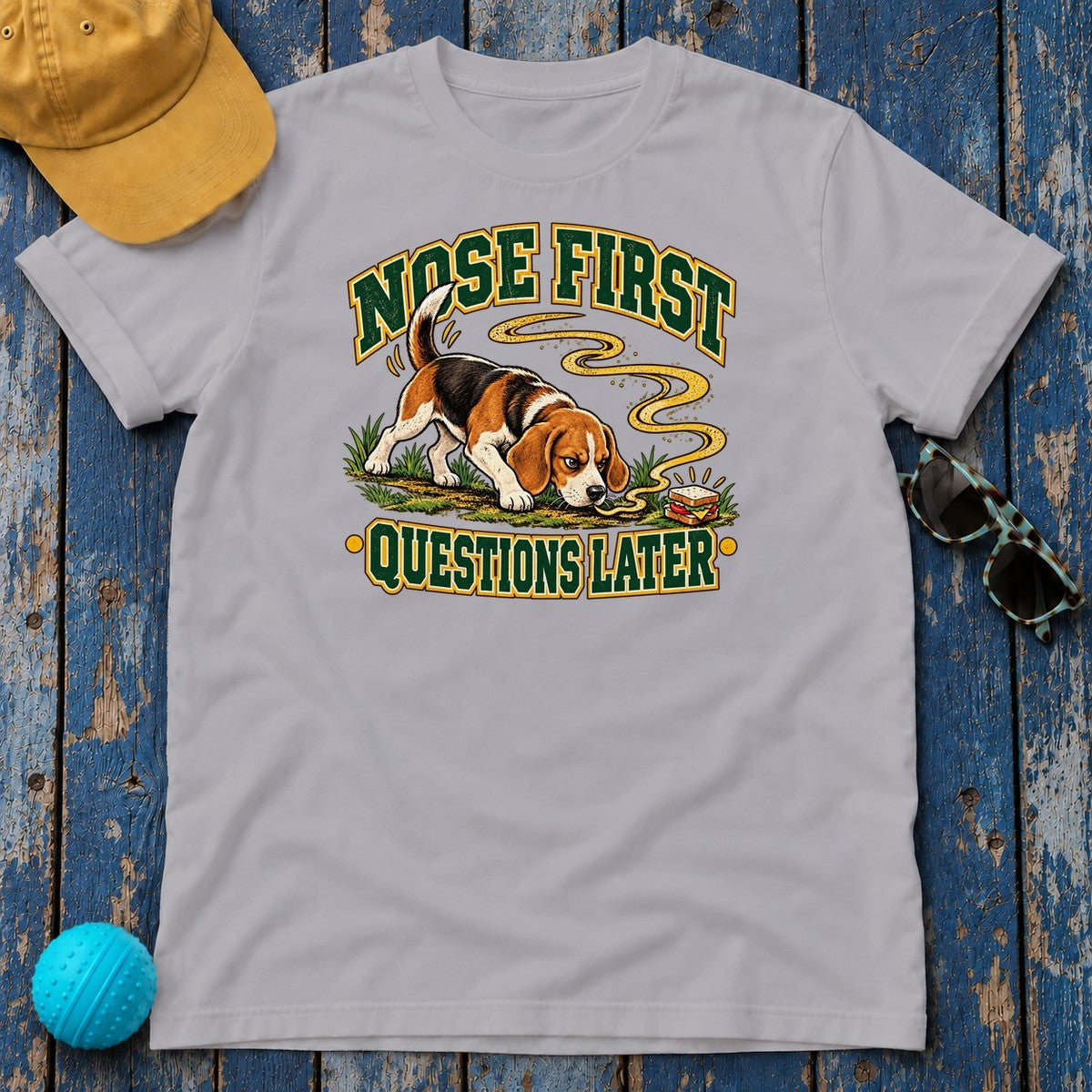 Nose First Questions Later Beagle T-Shirt in Athletic Heather - flat lay
