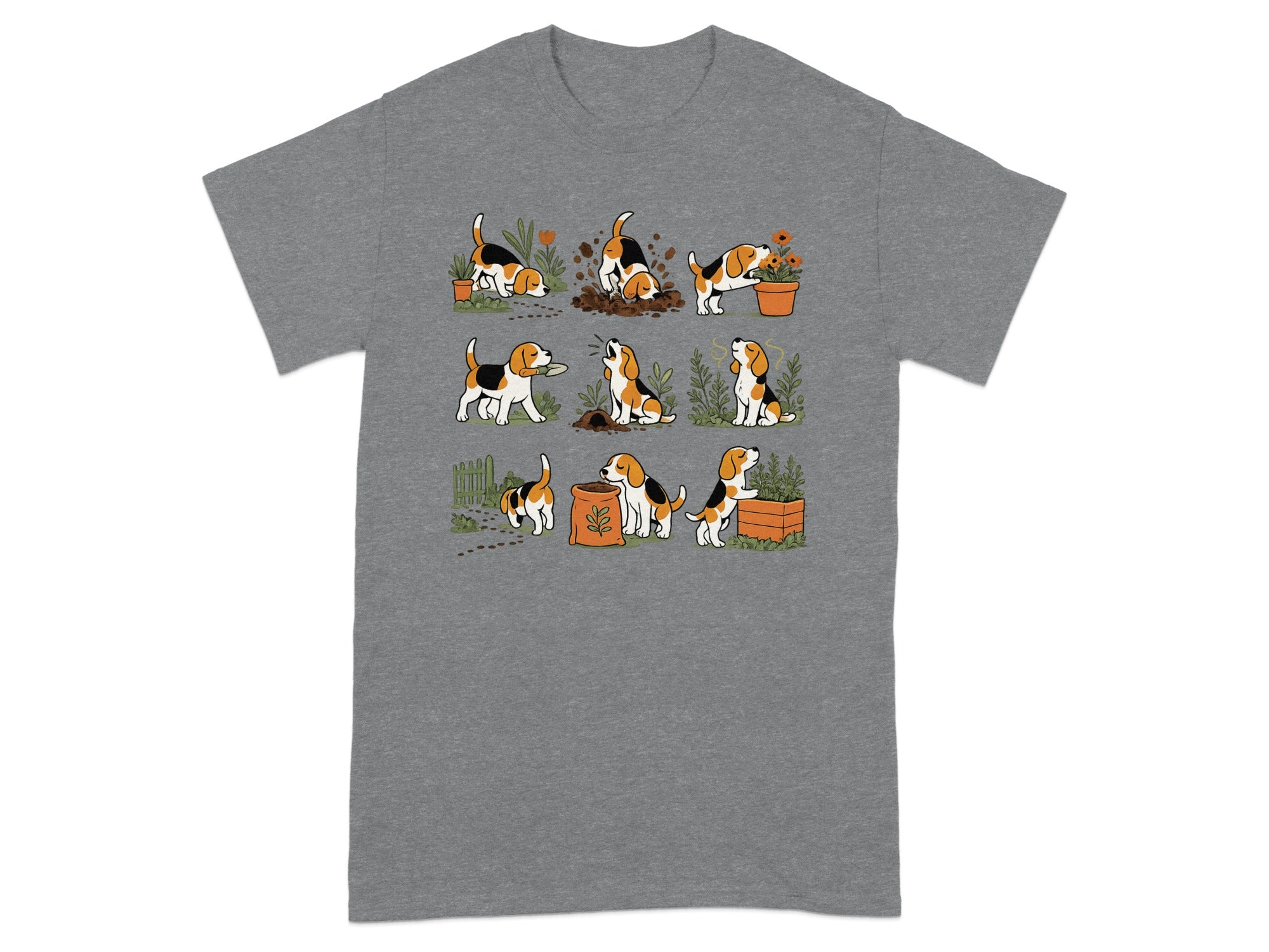 Beagle dogs digging in dirt and playing with plants in a garden scene.