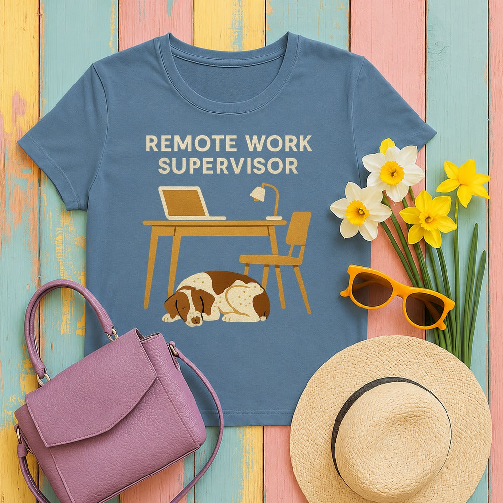 Brittany Spaniel Remote Work Supervisor T-shirt in Steel Blue