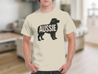 Cream t-shirt with black silhouette of a dog and text "AUSSIE".