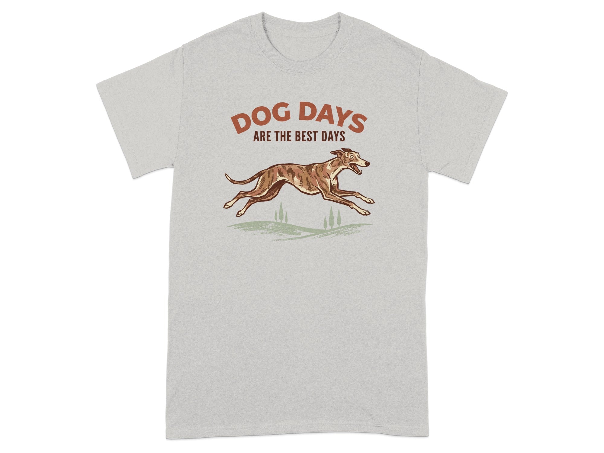 Light grey t-shirt with "Dog Days Are The Best Days" and a running dog graphic.