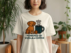 Cream t-shirt with a brown vizsla dog, coffee mug, and text "POWERED BY VIZSLA & COFFEE".