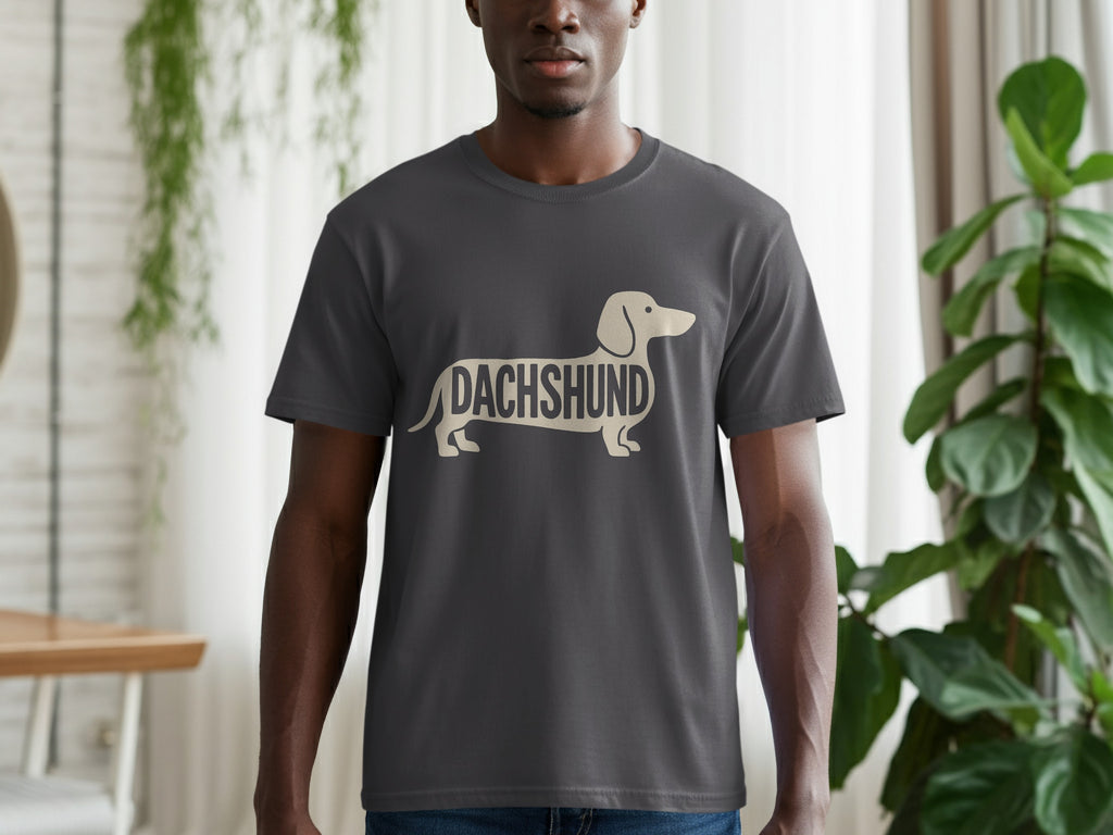 Dark gray t-shirt with a light tan dachshund silhouette graphic and the word "DACHSHUND".