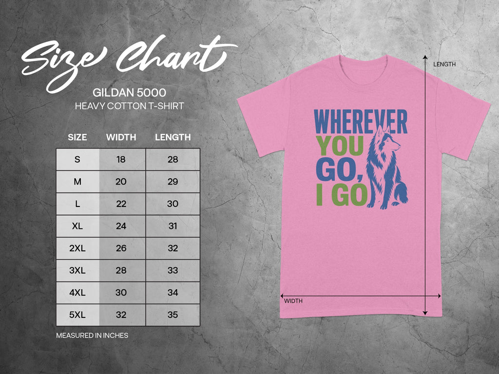 Gildan 5000 Heavy Cotton t-shirt size chart for men's sizes S-5XL.