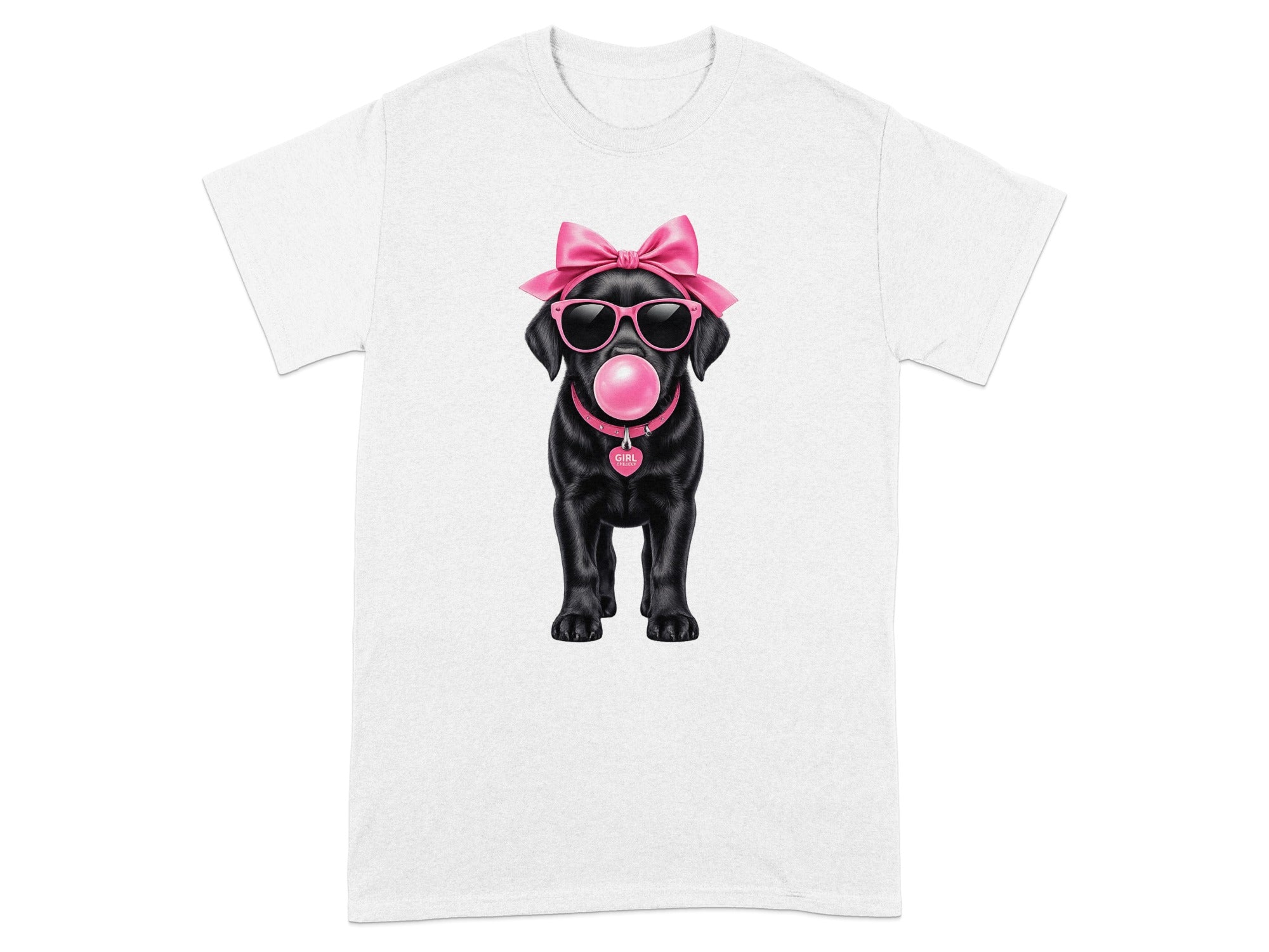 Black Labrador puppy with pink bow, sunglasses, and heart-shaped tag with "GIRL"