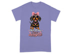 Dachshund wearing sunglasses and a pink bow, with "First of all, I'm a delight" text.