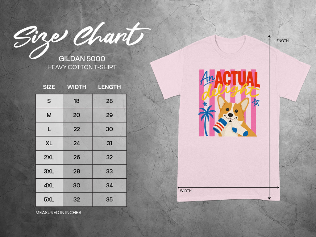 Gildan 5000 t-shirt size chart with graphic of a corgi holding an ice cream cone.