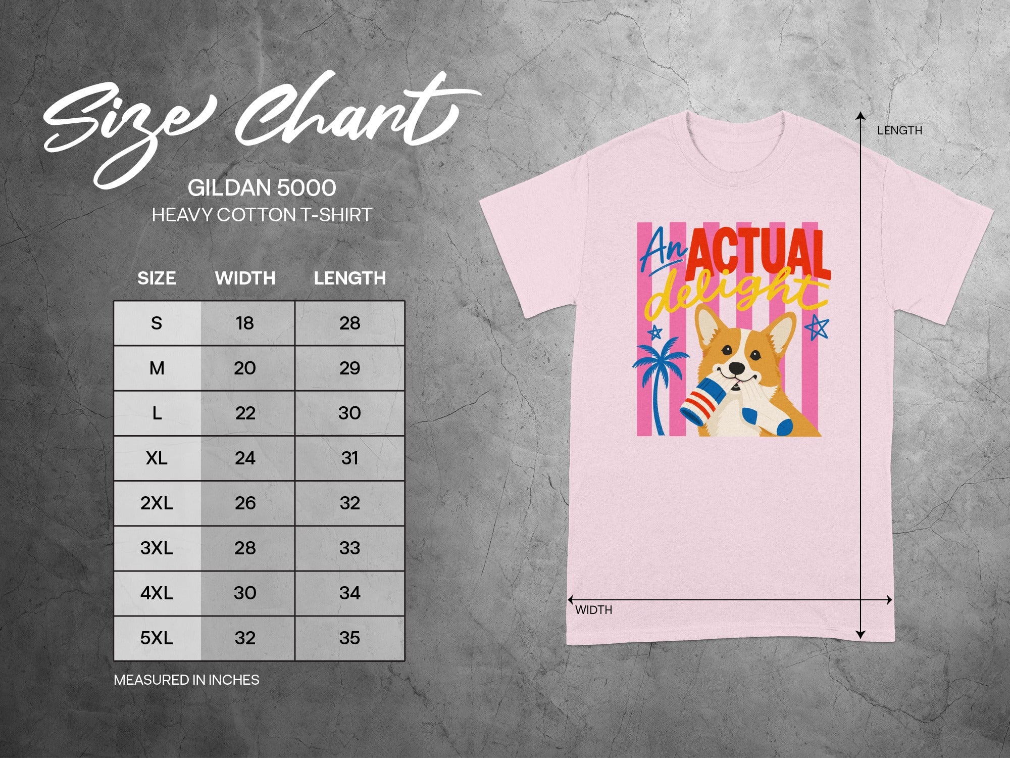 Gildan 5000 t-shirt size chart with graphic of a corgi holding an ice cream cone.