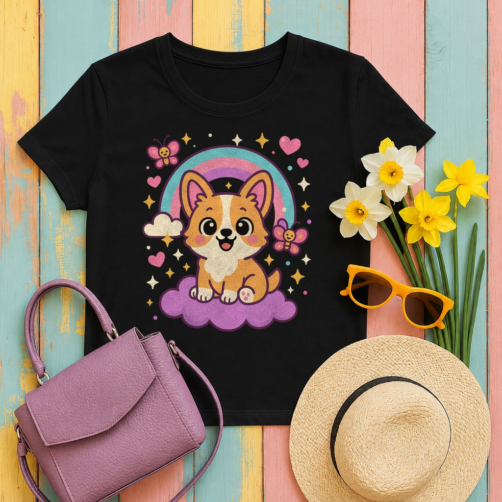 Corgi Dog on Cloud T-Shirt in Black