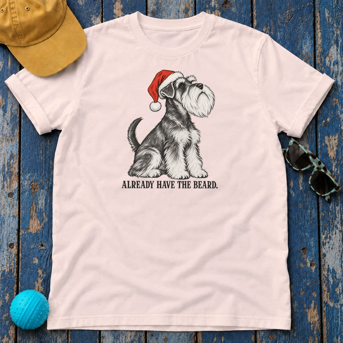 Already Have the Beard Schnauzer Santa T-Shirt in Soft Pink - flat lay