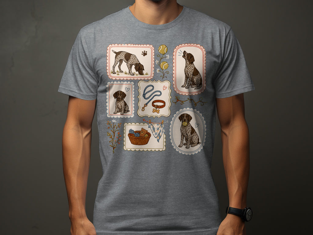 Grey t-shirt featuring a collage of four illustrations of a dog and dog accessories.