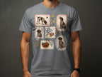 Grey t-shirt featuring a collage of four illustrations of a dog and dog accessories.