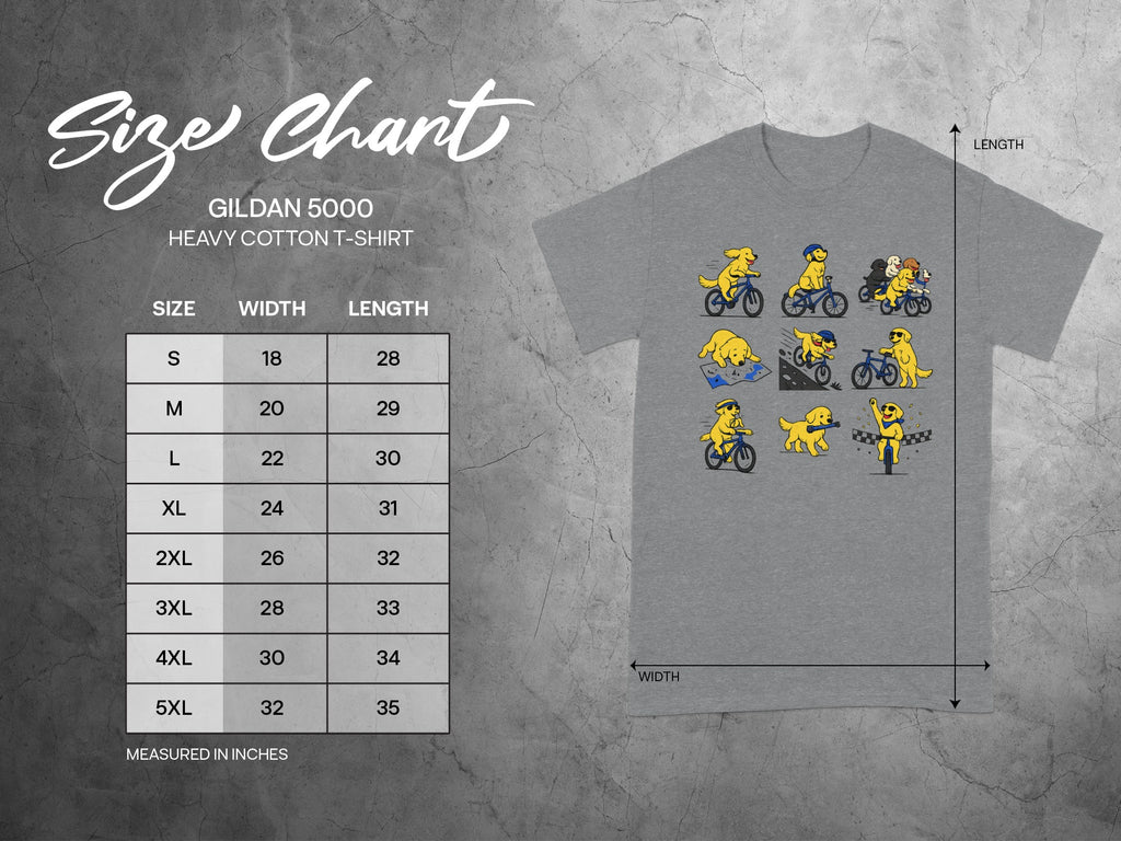 Gildan 5000 Heavy Cotton t-shirt size chart with measurements in inches.