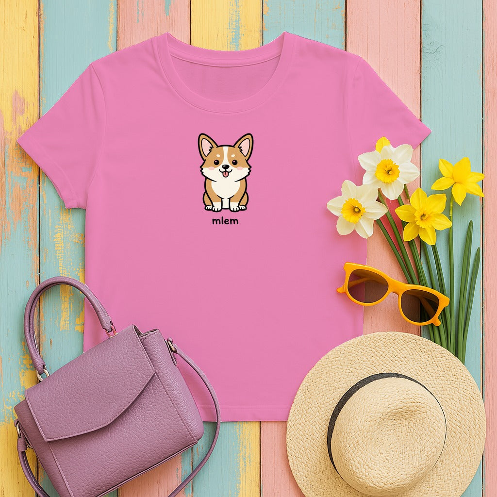Cute Smiling Corgi Dog Cartoon Mlem T-Shirt in Azalea