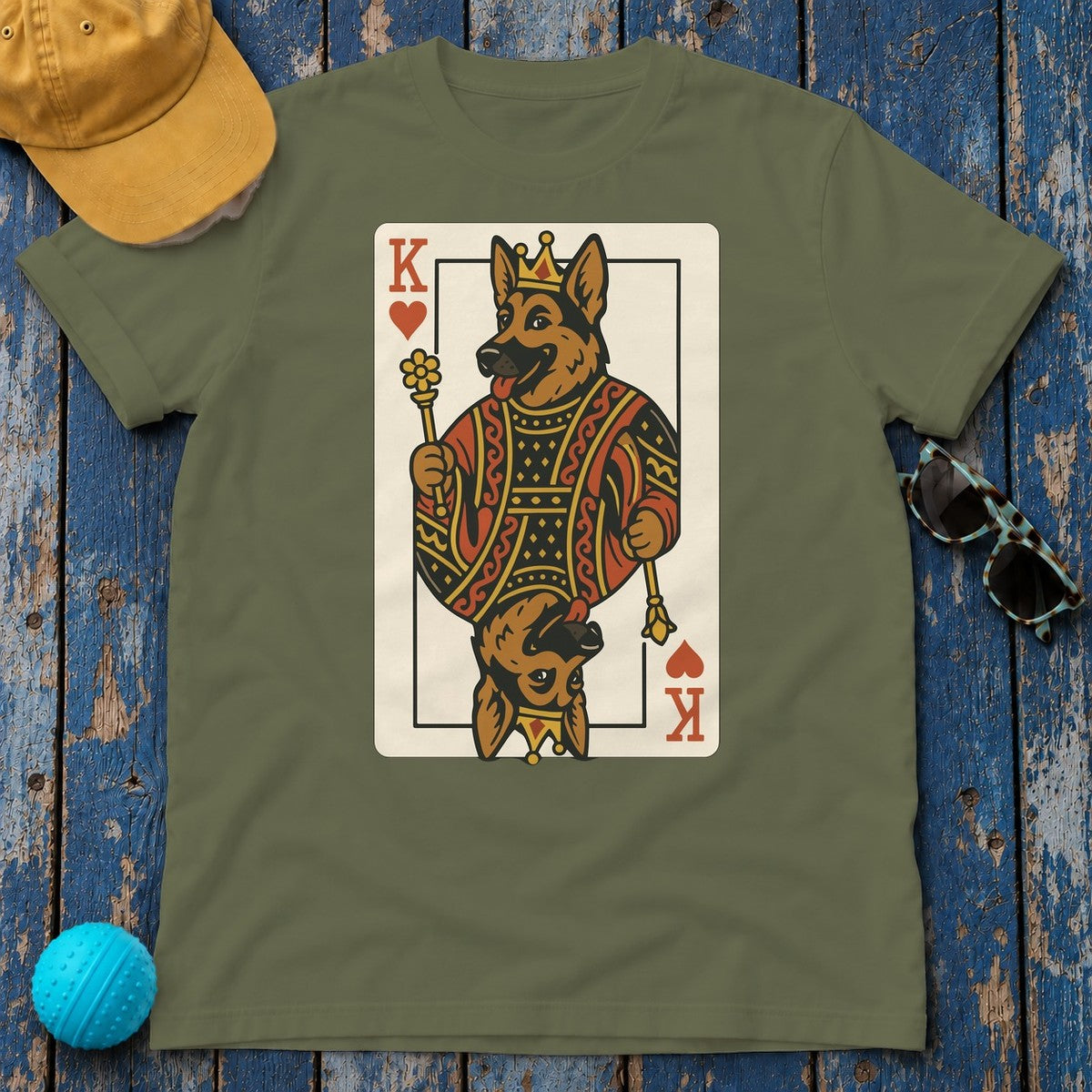 King German Shepherd Playing Card Game Design T-Shirt in Military Green
