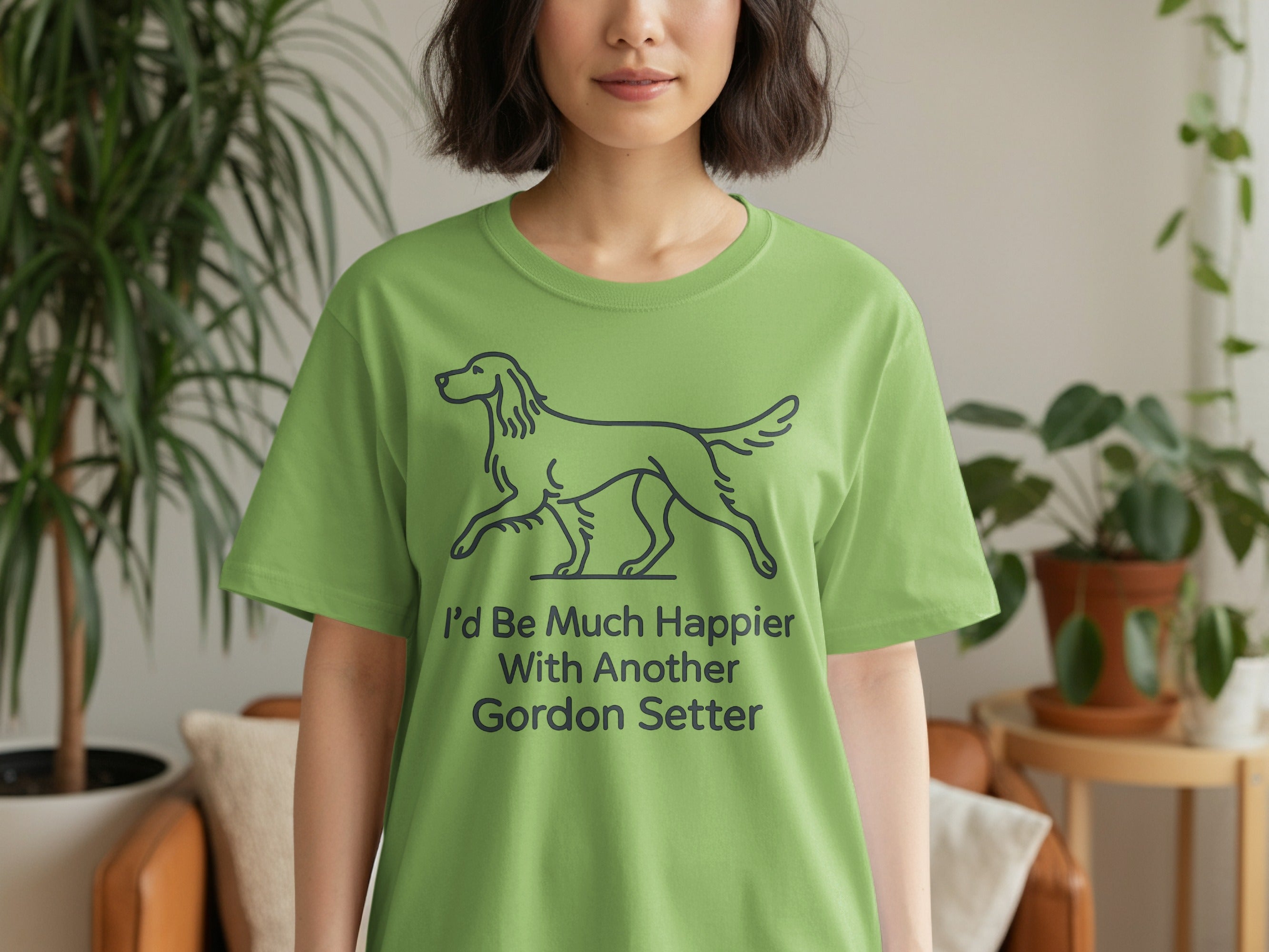 Lime green t-shirt with a dark blue line drawing of a Gordon Setter and text.