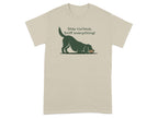 Beige t-shirt with a dog sniffing and text "Stay curious, Sniff everything!".