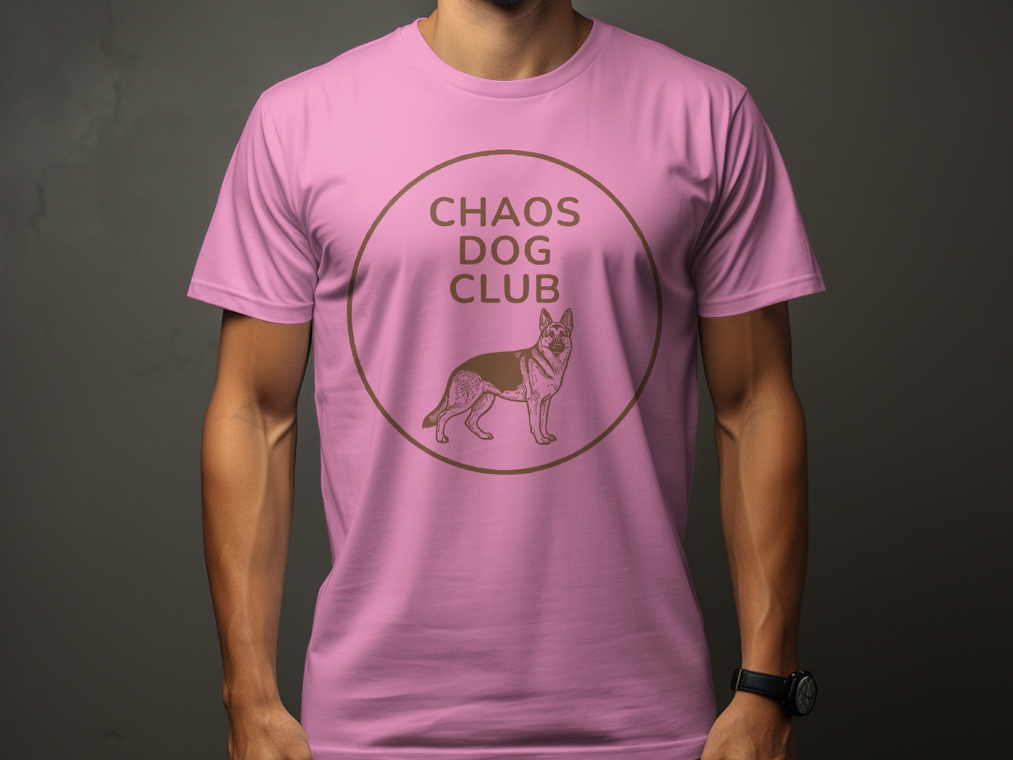 Pink t-shirt with "Chaos Dog Club" and German Shepherd graphic.