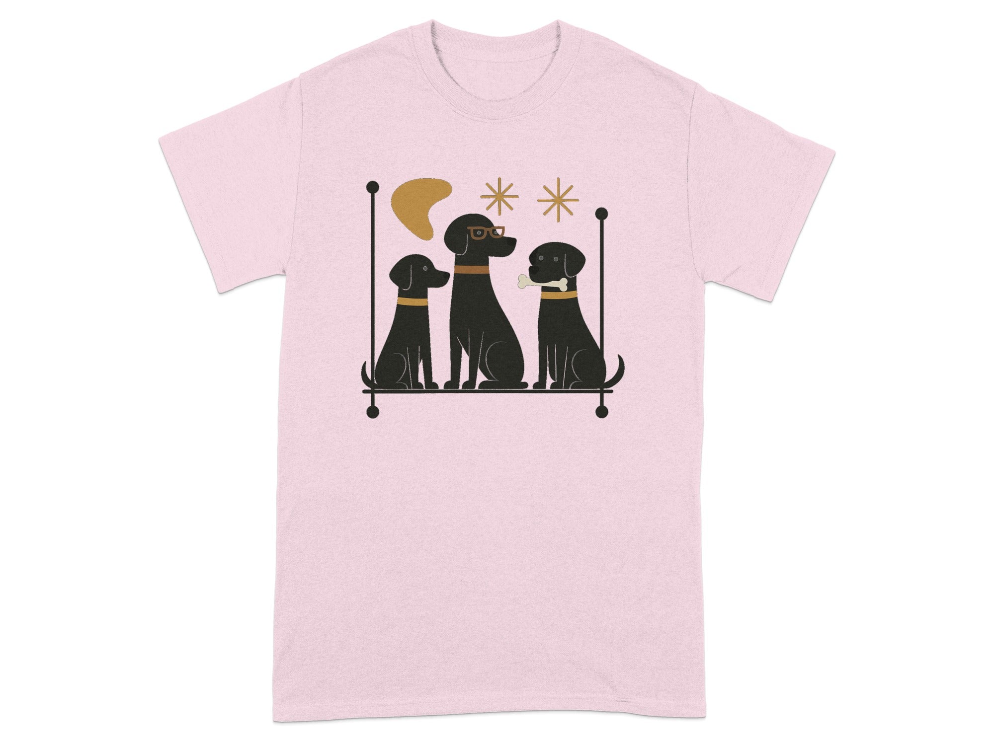 Three black dogs sit in a row. One dog wears glasses and a collar.
