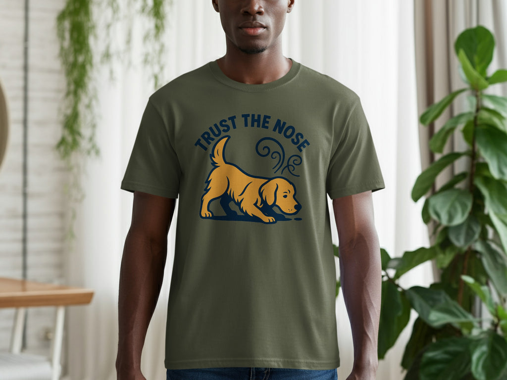 Green t-shirt with a golden retriever graphic and "TRUST THE NOSE" text.