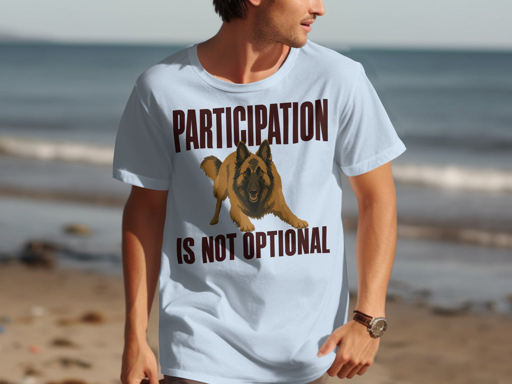 Light blue t-shirt with "PARTICIPATION IS NOT OPTIONAL" and a dog graphic.