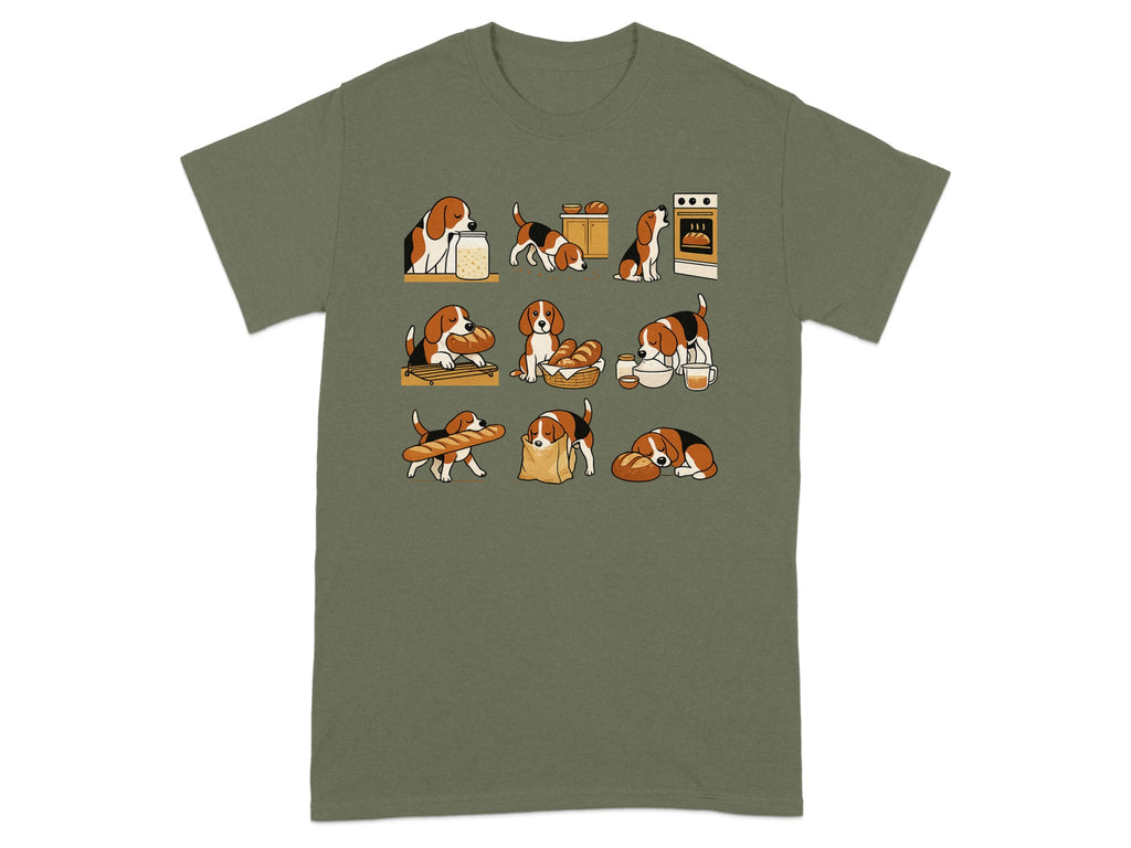 Beagle dogs interacting with bread and baking items in a grid layout.