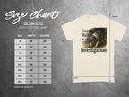 Gildan 5000 t-shirt size chart with dog graphic and text "Every Walk Is an Investigation."