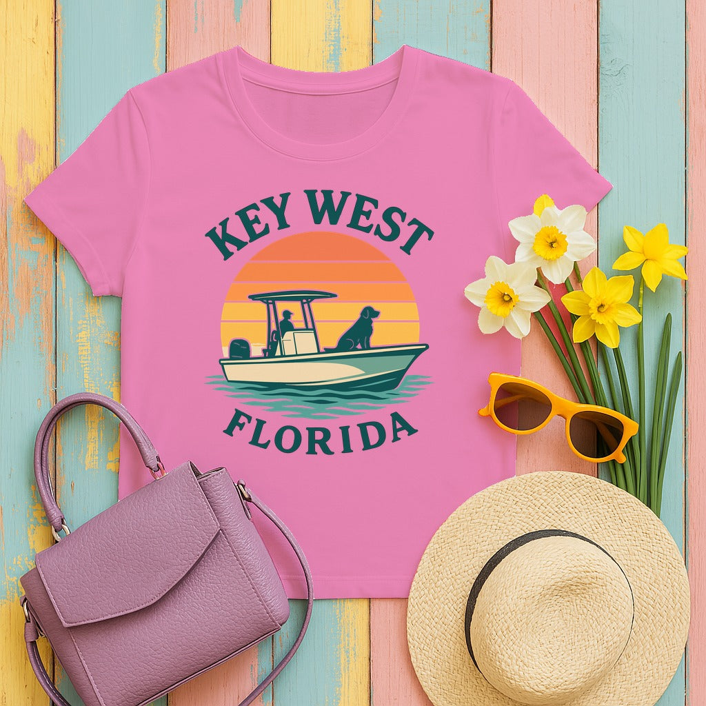 Key West Florida Retro Golden Retriever T-Shirt in Azalea