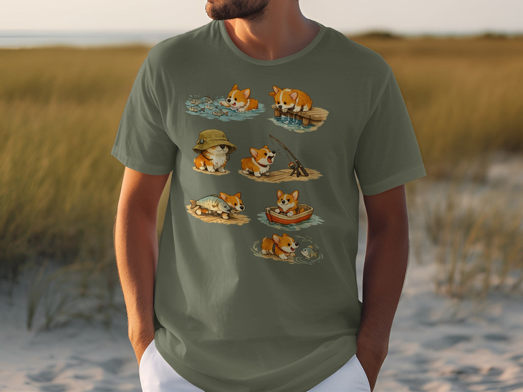 T-shirt graphic with six cartoon corgis fishing with fish and boats.