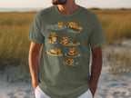 T-shirt graphic with six cartoon corgis fishing with fish and boats.