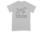 Grey t-shirt with line drawing of spotted dog and text "I'd Be Much Happier With Another GSP".