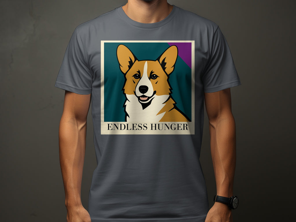 Corgi and "ENDLESS HUNGER" text on a grey t-shirt in a poster-style graphic.