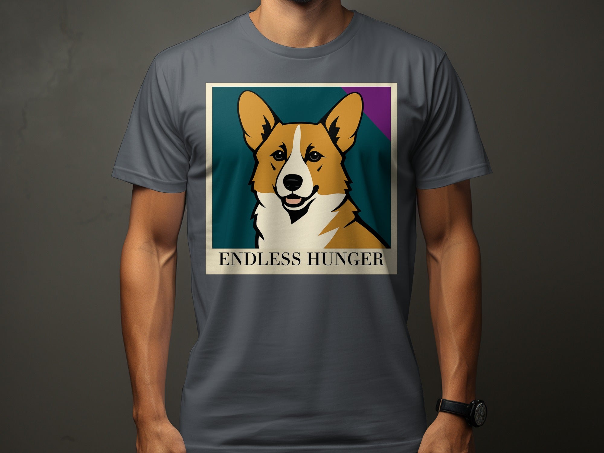 Corgi and "ENDLESS HUNGER" text on a grey t-shirt in a poster-style graphic.