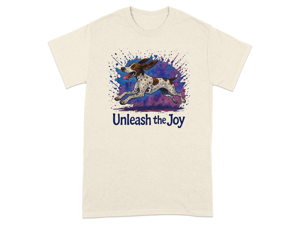 Cream t-shirt with watercolor dog and "Unleash the Joy" text.